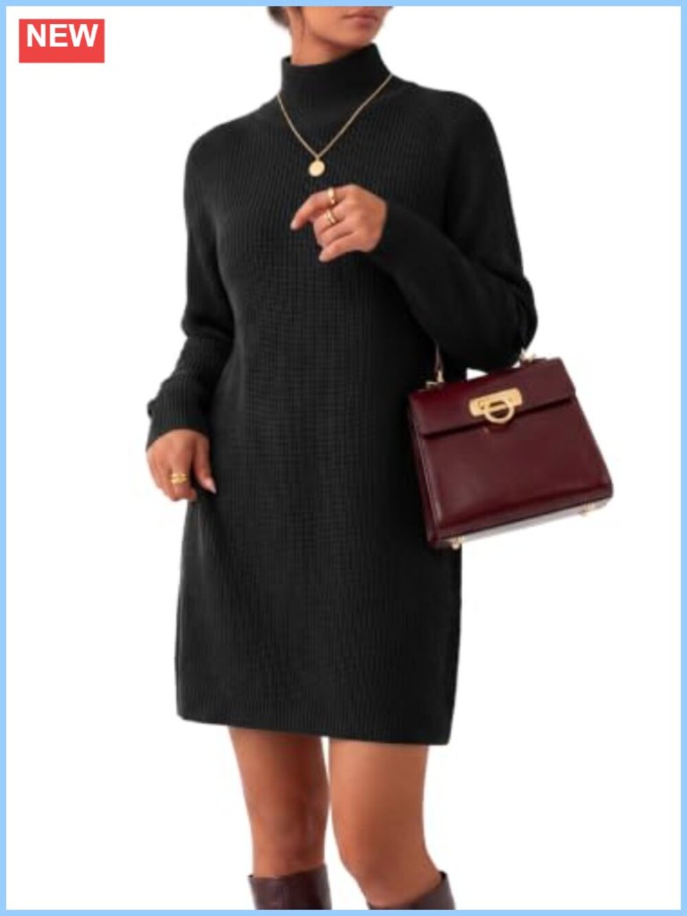 Wool Blend Oversized Chunky Mini Sweater Dress Mock Neck